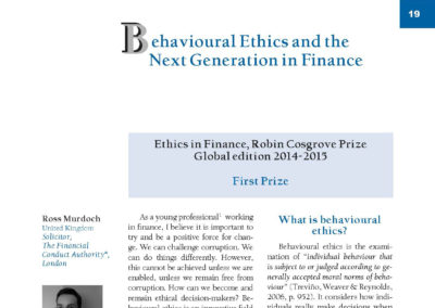 Behavioural Ethics and the Next Generation in Finance By Ross Murdoch