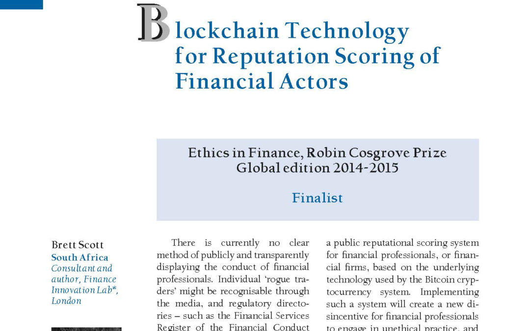 Blockchain Technology for Reputation Scoring of Financial Actors by Brett Scott