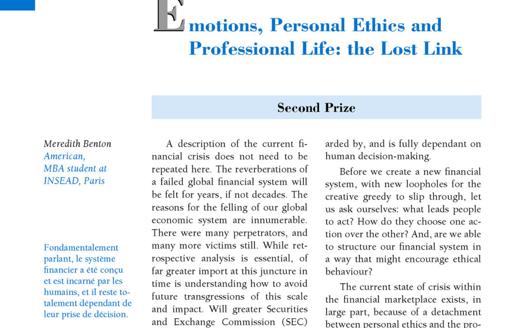 Emotions, Personal Ethics andProfessional Life: the Lost Link by Meredith benton